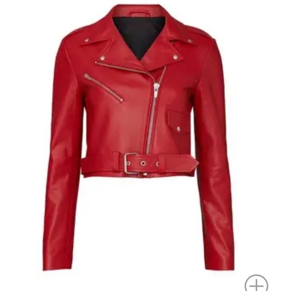 VEDA Baby Jane Leather Moto Jacket Asymmetrical Zip Lapel Collar Belted Crop